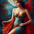 Fantasy Artwork of Woman with Feathered Wings and Bird Perched on Shoulder