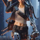 Futuristic female cyborg with detailed armor and robotic arms.