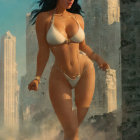 Stylized woman in fantasy setting with futuristic buildings, white outfit & flowing sash