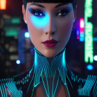 Futuristic woman with glowing blue neon lights and dark bob haircut in dimly lit neon bars