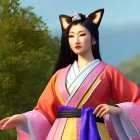 Illustrated character with fox ears in ornate kimono amid lush greenery