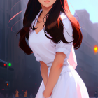 Digital illustration: Female character with long brown hair in white dress on sunlit street.