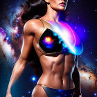 Futuristic woman in cosmic attire against starry space backdrop