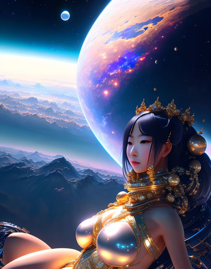 Futuristic woman in ornate armor gazes at celestial scene