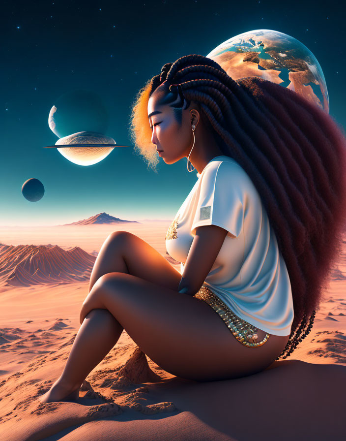 Woman on desert dune with planets and starry sky in digital artwork