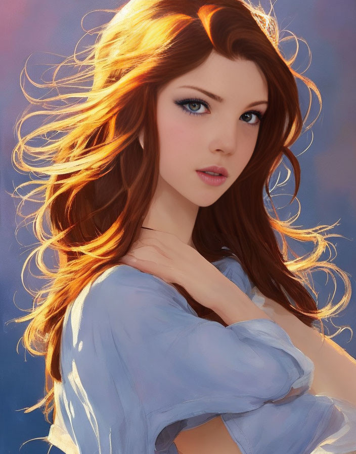 Digital Artwork: Woman with Auburn Hair and Blue Eyes in Light Blue Shirt