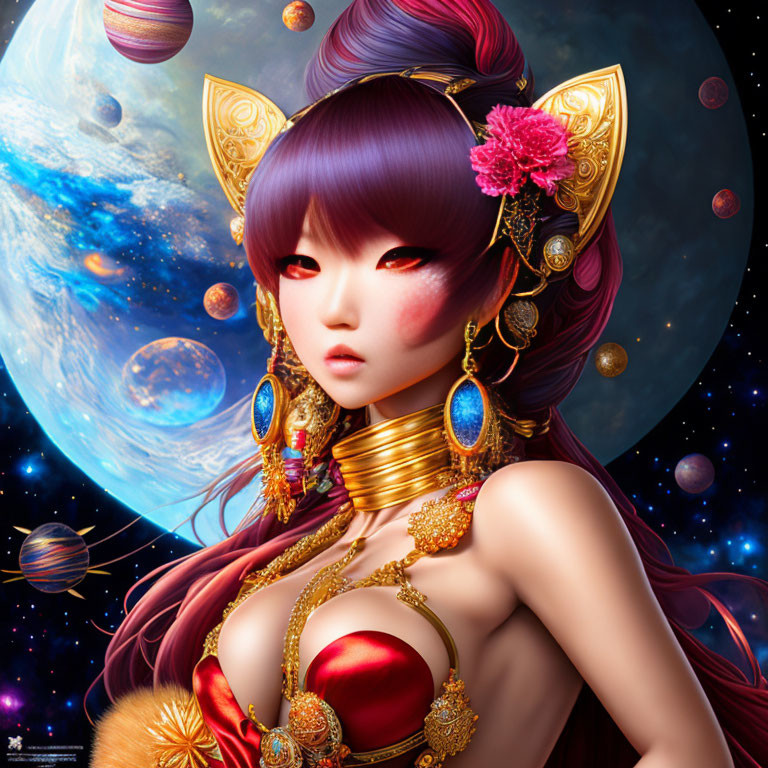 Purple-haired female character with golden accessories in cosmic setting