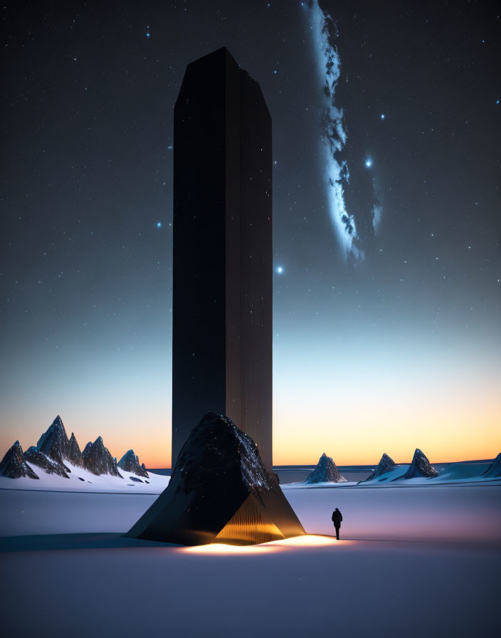 Solitary figure in snowy mountains under starry sky with galaxy arc