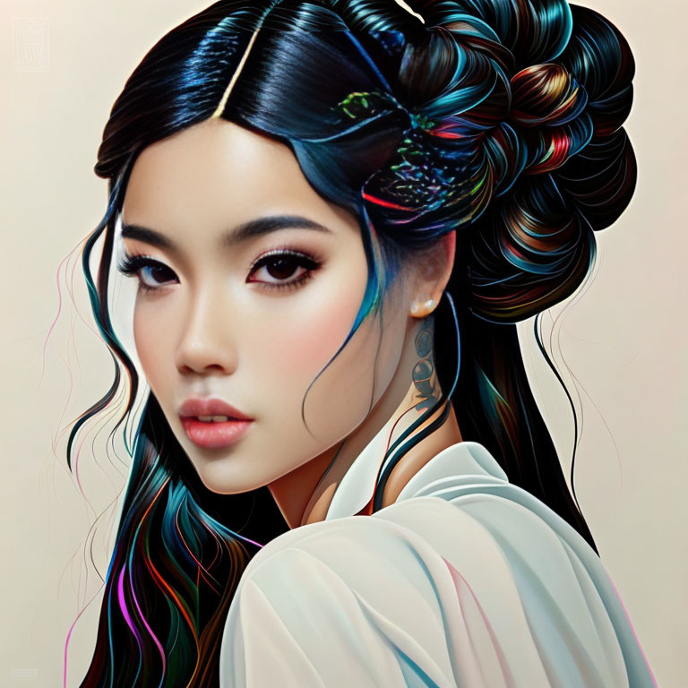 Digital Artwork: Woman with Elaborate Blue-Black Hair and Rainbow Highlights