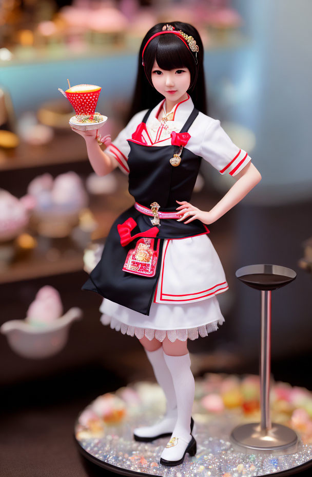 Black-Haired Maid Figurine Holding Teacup in Traditional Uniform