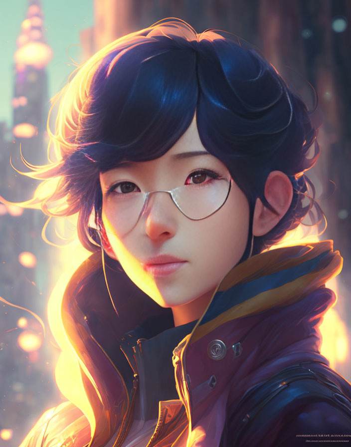 Digital portrait: Girl with blue hair and glasses in warm light, futuristic cityscape.