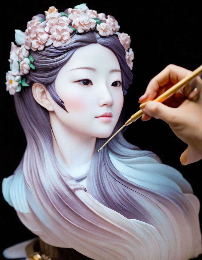 Realistic sculpture of a woman with floral crown on black background