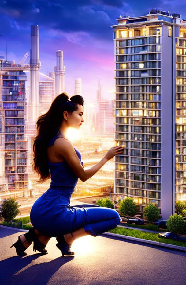 Woman in Blue Jumpsuit Gestures at Sunset Over Industrial Cityscape