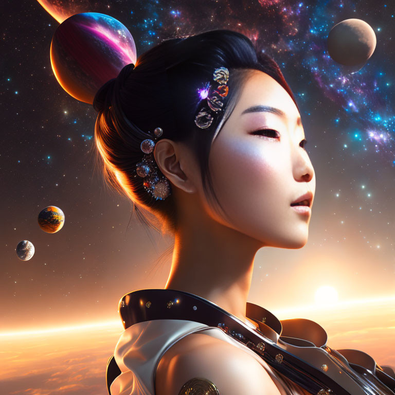 Digital artwork: Woman with East Asian hairstyle and jewelry in space setting