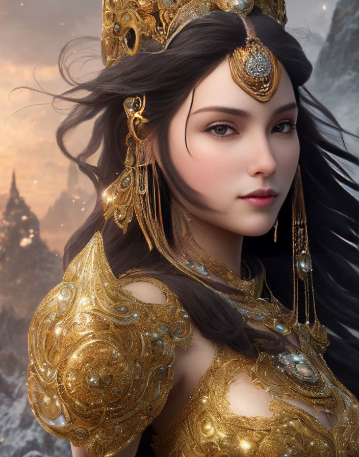 Woman in ornate golden armor with black hair in mountainous sunset setting