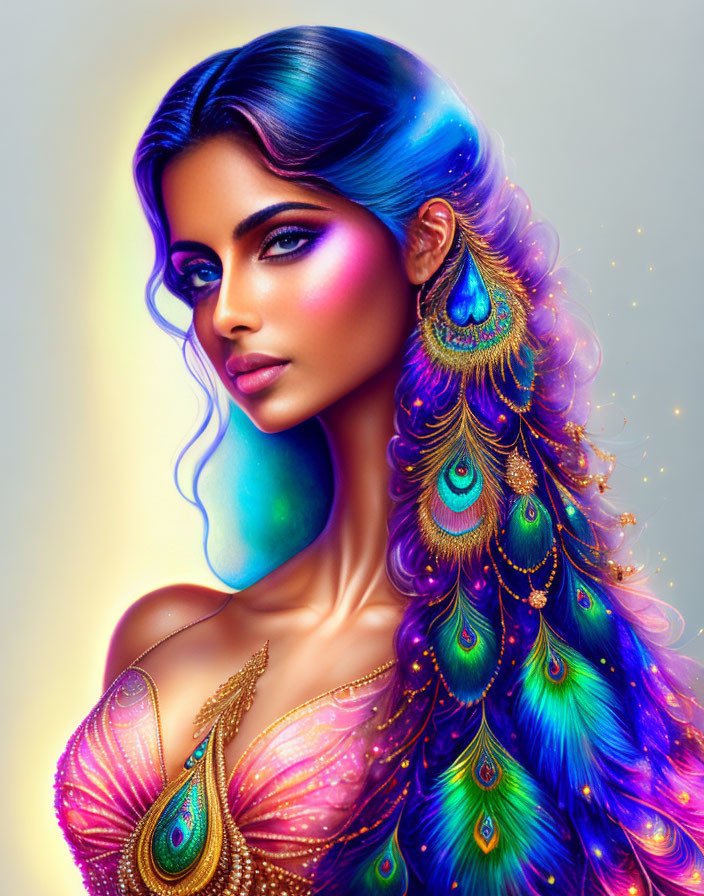 Colorful digital portrait of a woman with blue hair and peacock feather details