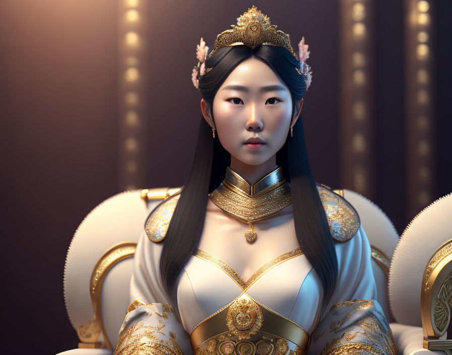 Traditional East Asian Attire and Golden Headdress on Regal Figure