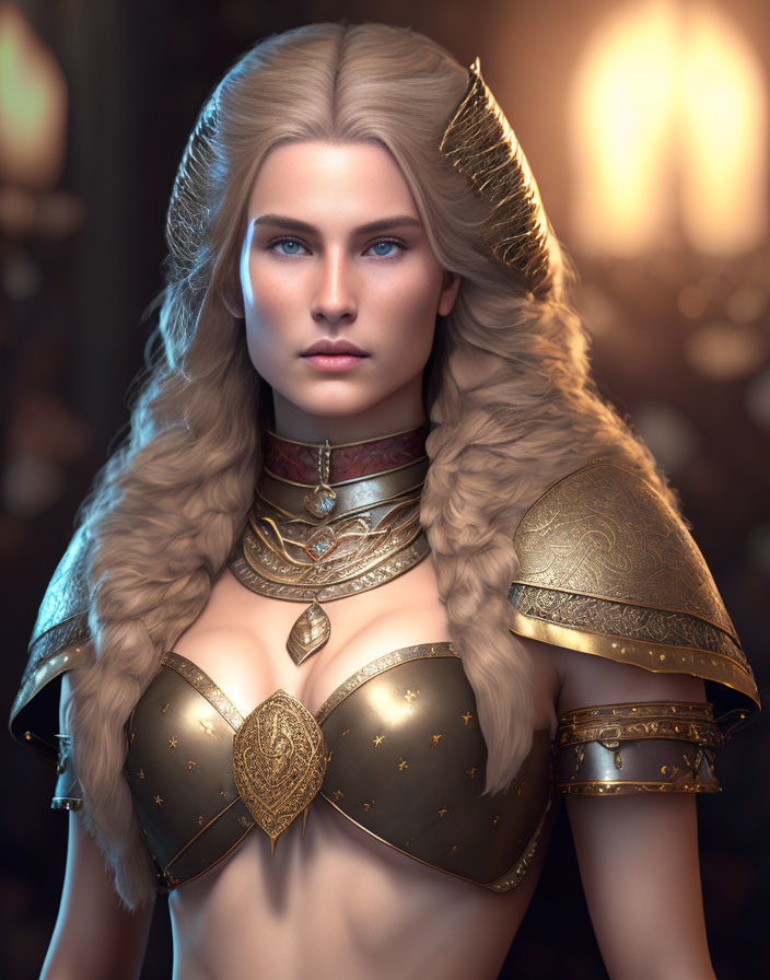 Blonde woman in gold armor with blue eyes and serious expression