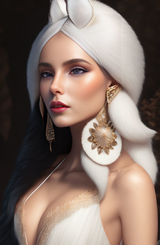 Woman with Blue Eyes, Dark Hair, White Fur Headpiece, Golden Leaf Earrings