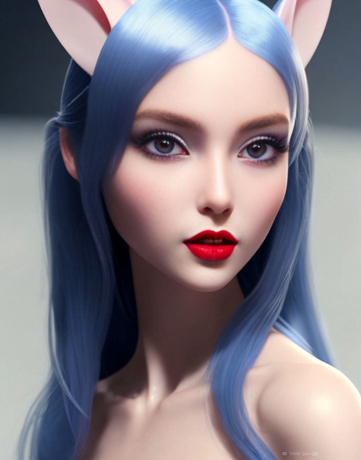 Stylized female character with blue hair and feline ears on grey background