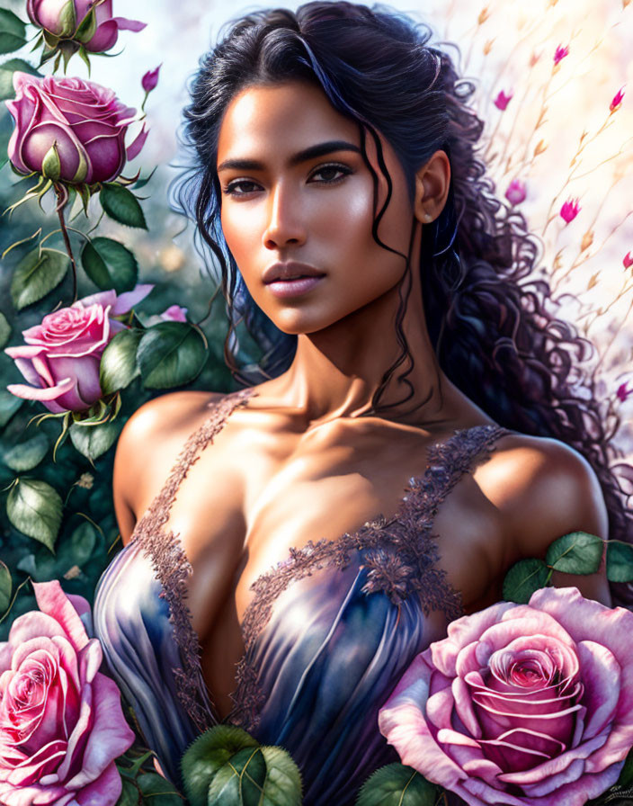 Digital artwork: Woman with wavy hair among pink roses in translucent dress