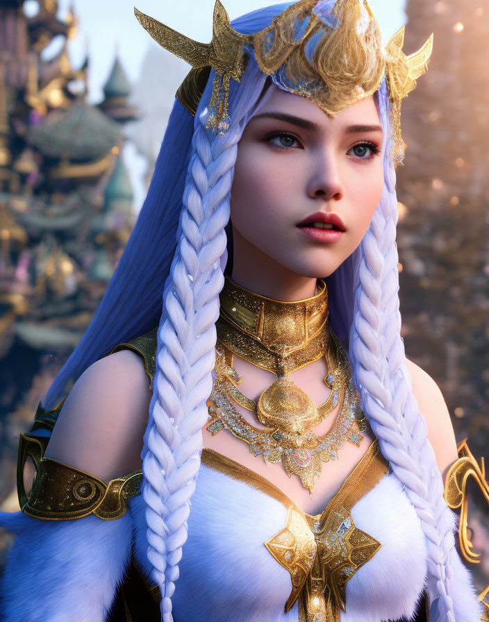 Fantasy digital art: Woman with pale blue hair in golden crown and armor, set in magical backdrop