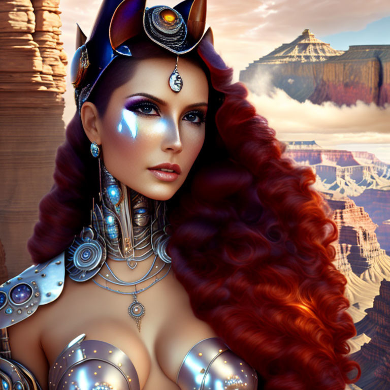 Digital Artwork: Woman with Red Hair in Futuristic Armor at Grand Canyon