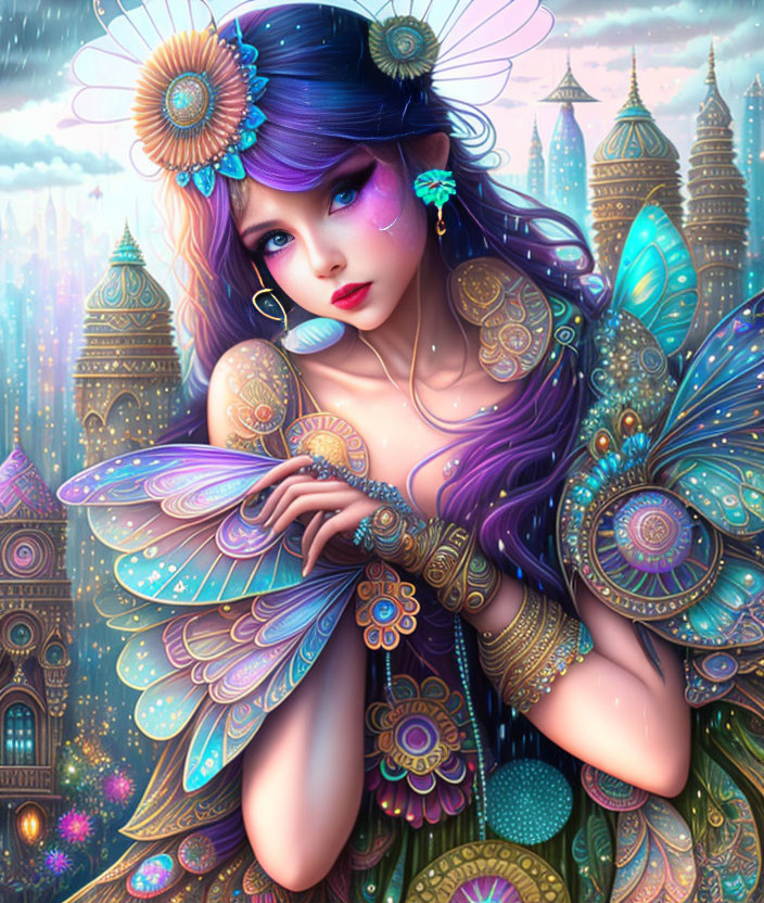 Fantasy illustration of fairy with iridescent wings and purple hair in magical tower backdrop