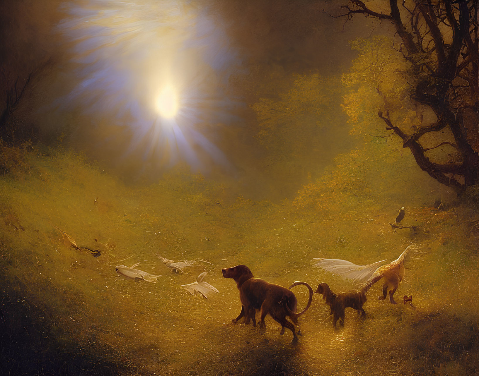 Mystical forest scene with dogs, cat, feathers, and sunlight beams