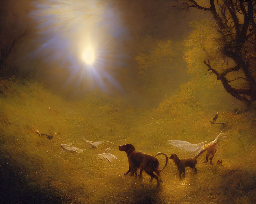 Mystical forest scene with dogs, cat, feathers, and sunlight beams