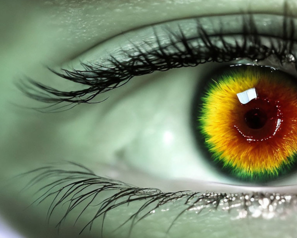 Detailed Close-up of Human Eye with Vibrant Green and Orange Iris