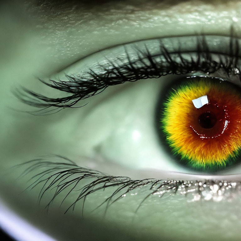 Detailed Close-up of Human Eye with Vibrant Green and Orange Iris