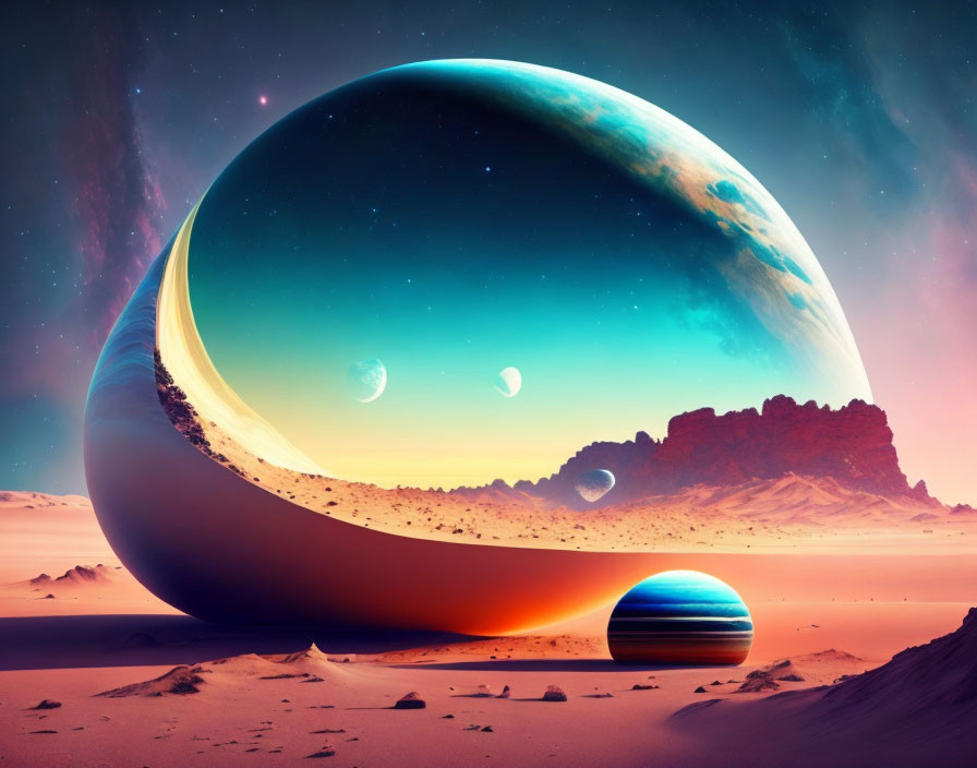 Surreal desert landscape with massive reflective sphere and space view