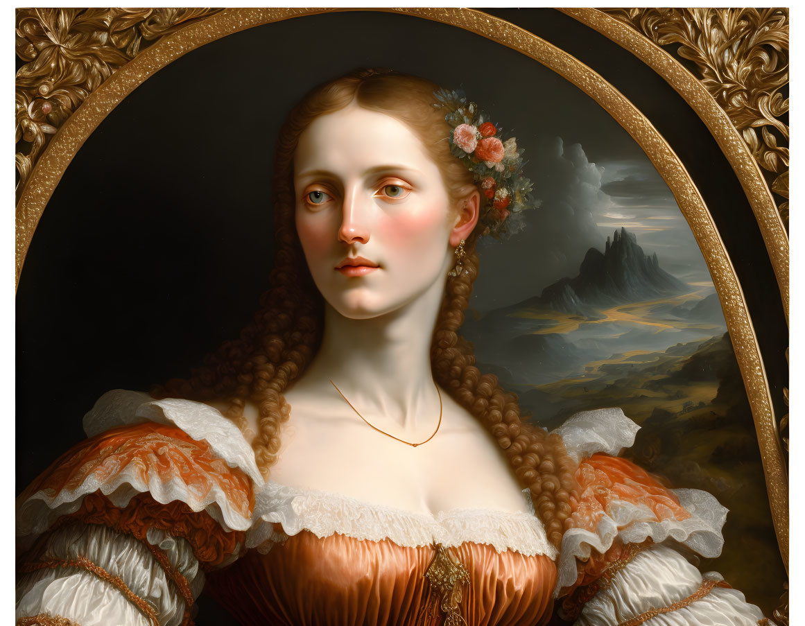 Classical portrait of fair-skinned woman with red hair in orange dress and floral crown against landscape backdrop