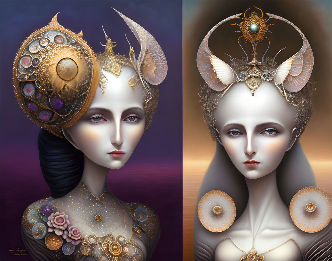 Stylized female figure portraits with ornate purple and gold attire