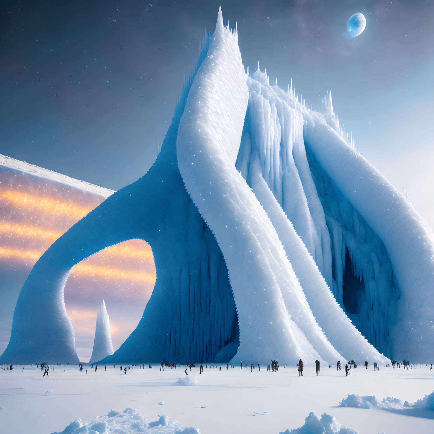 Majestic ice structure with arches and stalactites under twilight sky with Northern Lights.