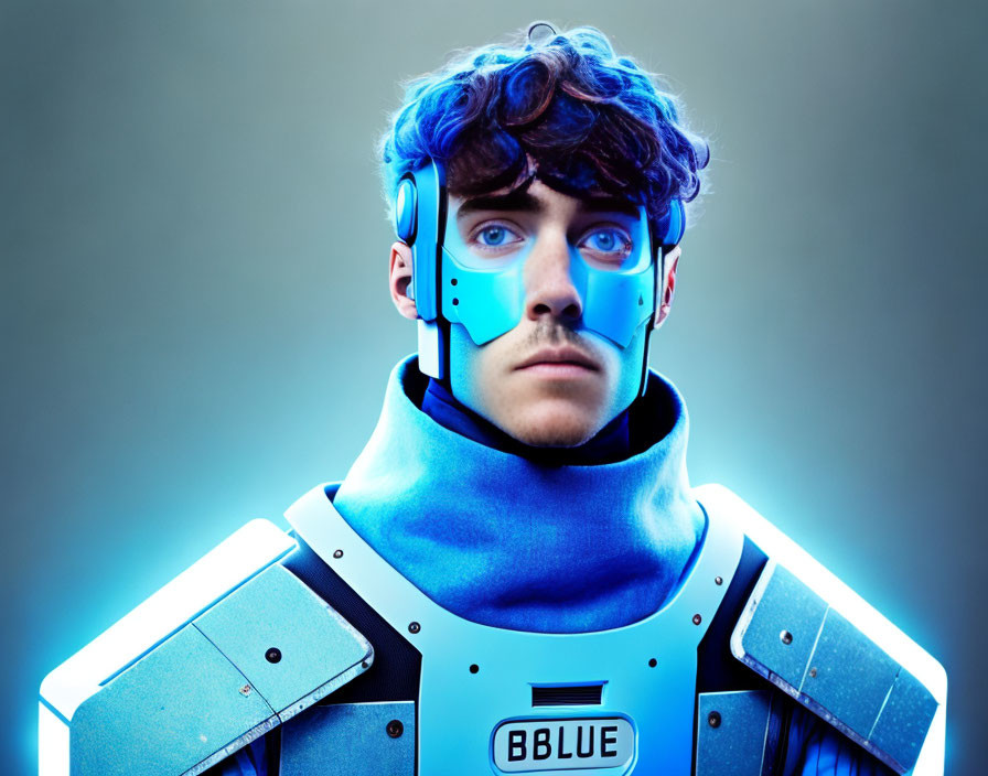 Serious young male in futuristic blue armor with headset under blue light