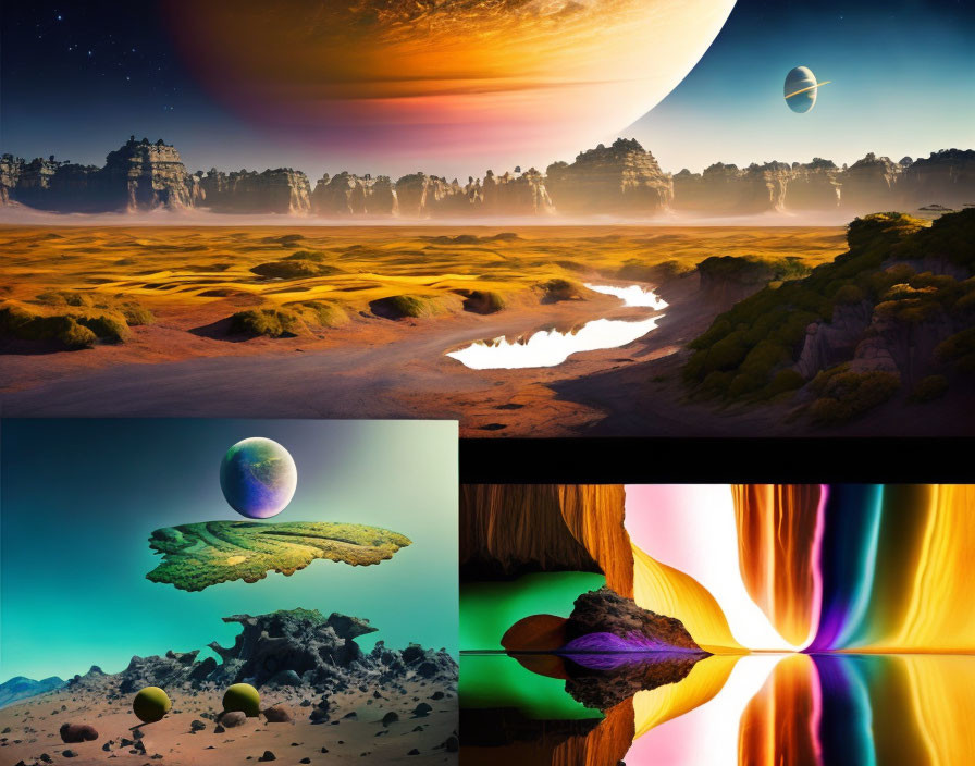 Four Surreal Landscapes: Vibrant Colors, Otherworldly Terrains, Celestial Background