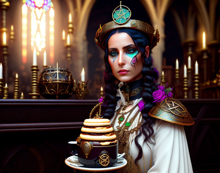 Regal woman in elaborate headdress with teacup and jewels among ornate decor