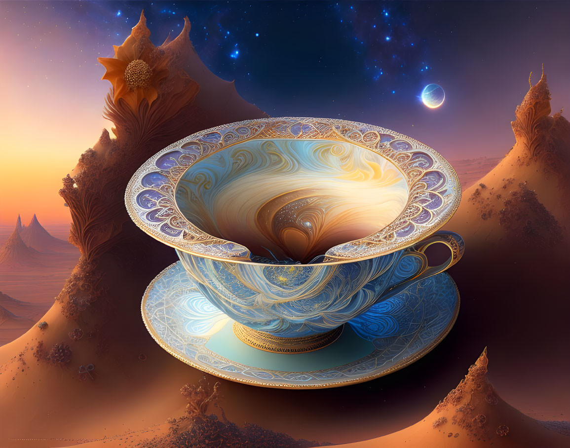 Ornate teacup with cosmic pattern in surreal desert landscape