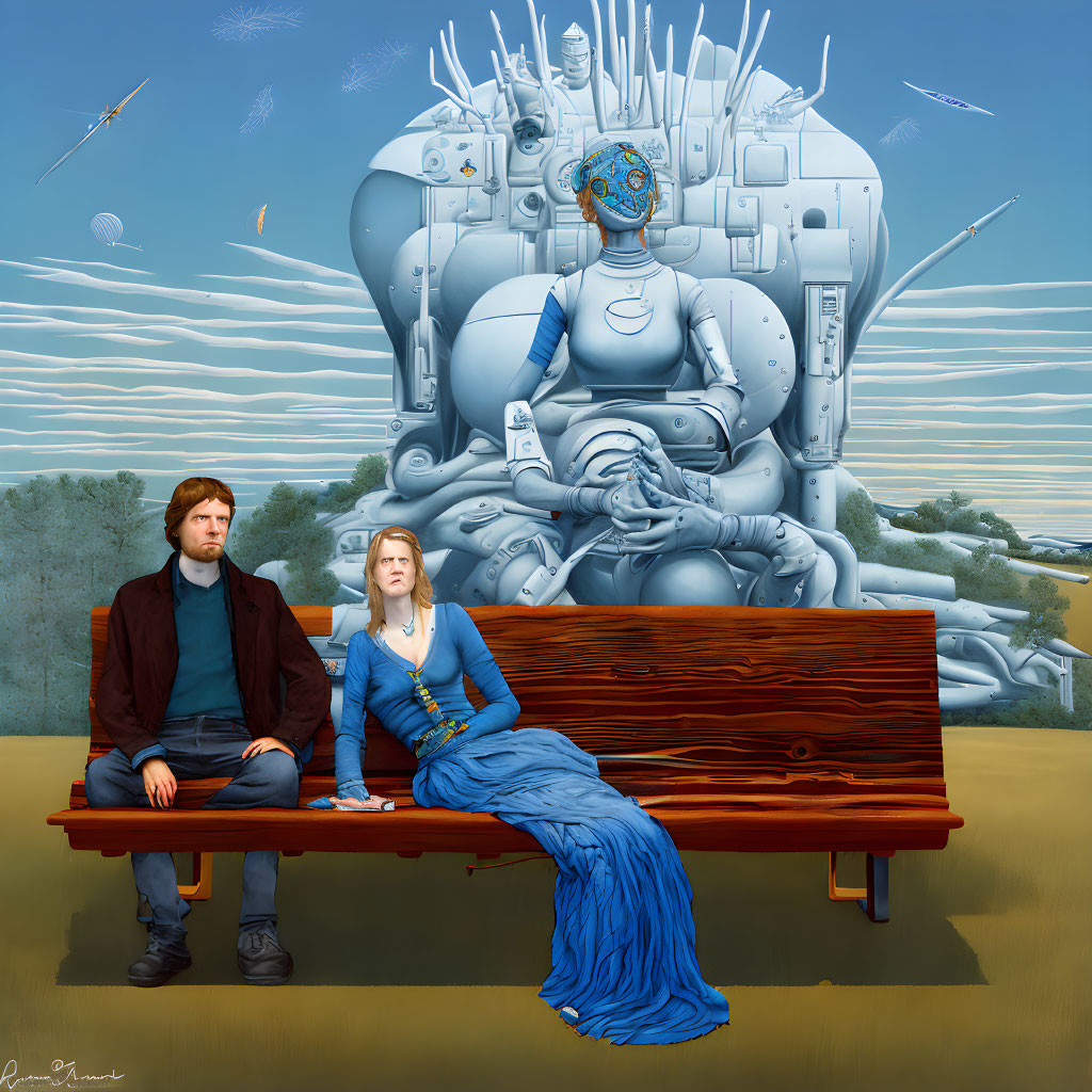 Man and woman on bench with intricate robot in pastoral setting