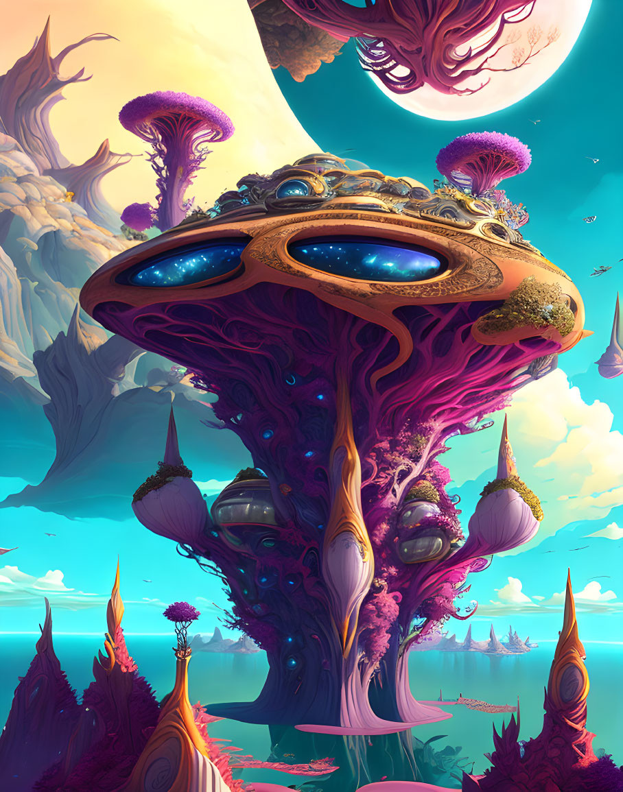 Colorful digital artwork of fantastical tree-like structure under alien sky