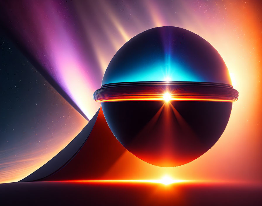 Surreal glossy sphere with glowing ring in cosmic sky