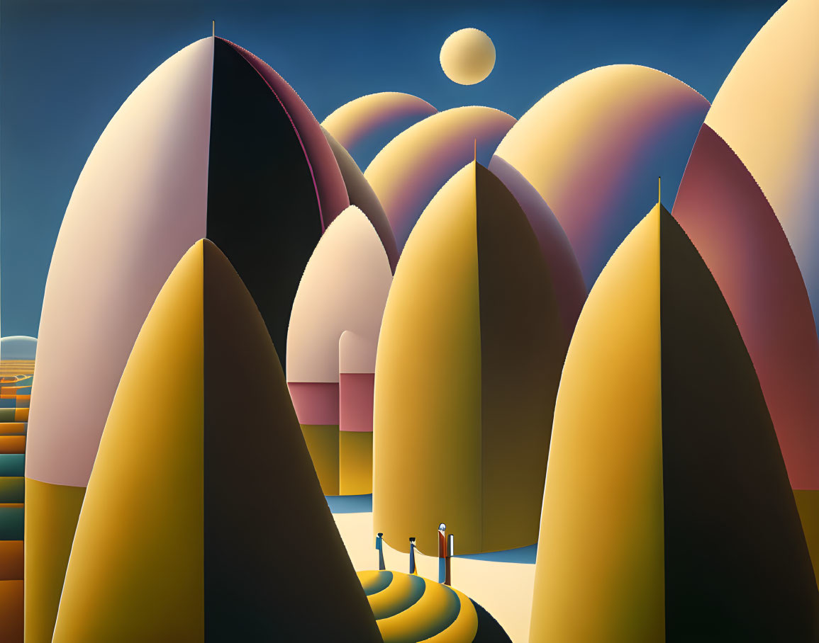 Colorful Surreal Landscape with Smooth Hills and Tiny Human Figures