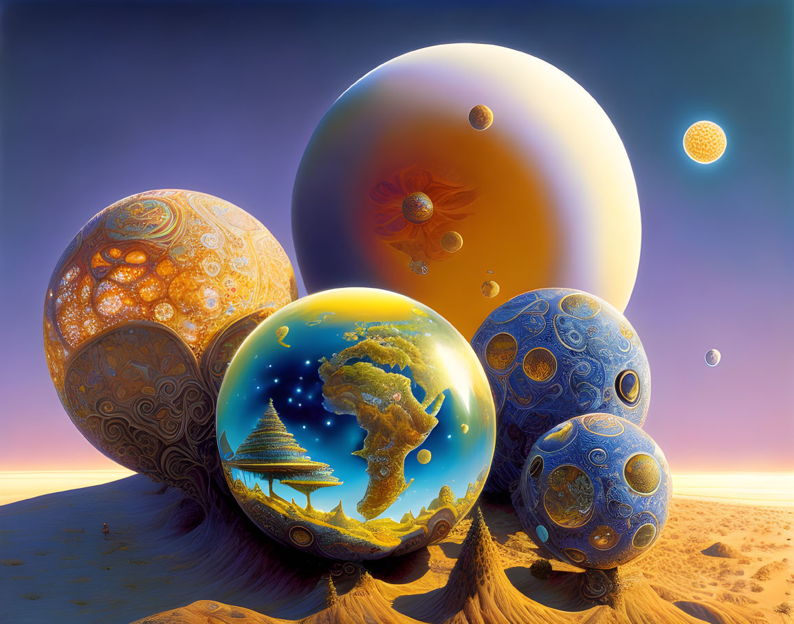 Surreal landscape with celestial spheres of cosmic and earthly motifs