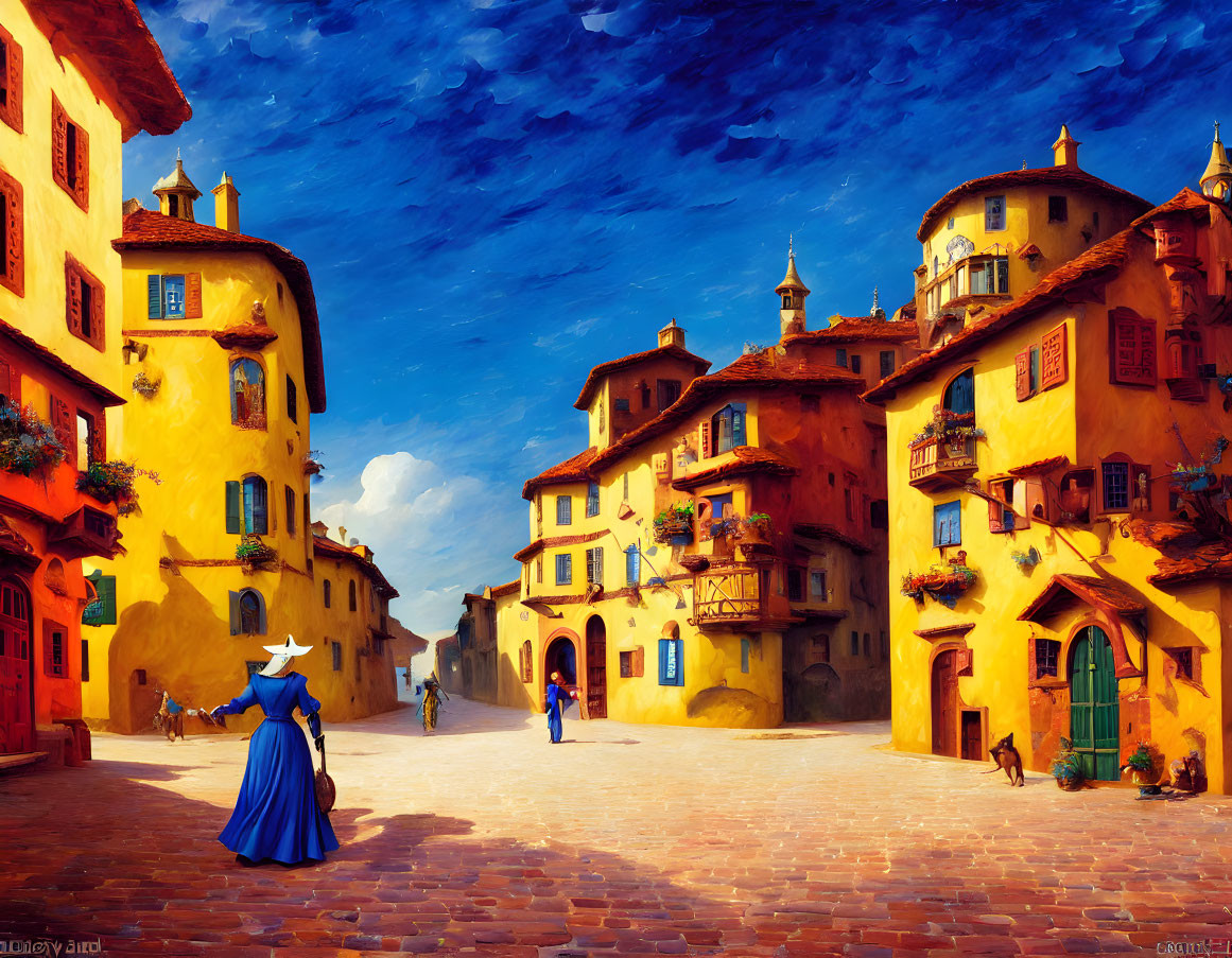 Colorful street scene with period clothing and clear sky