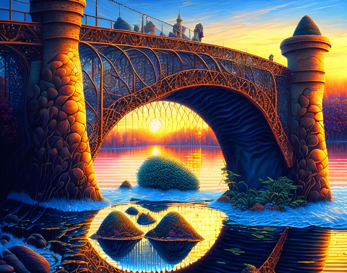 Fantasy landscape: ornate bridge over water, brilliant sunset, mystical towers, starry sky