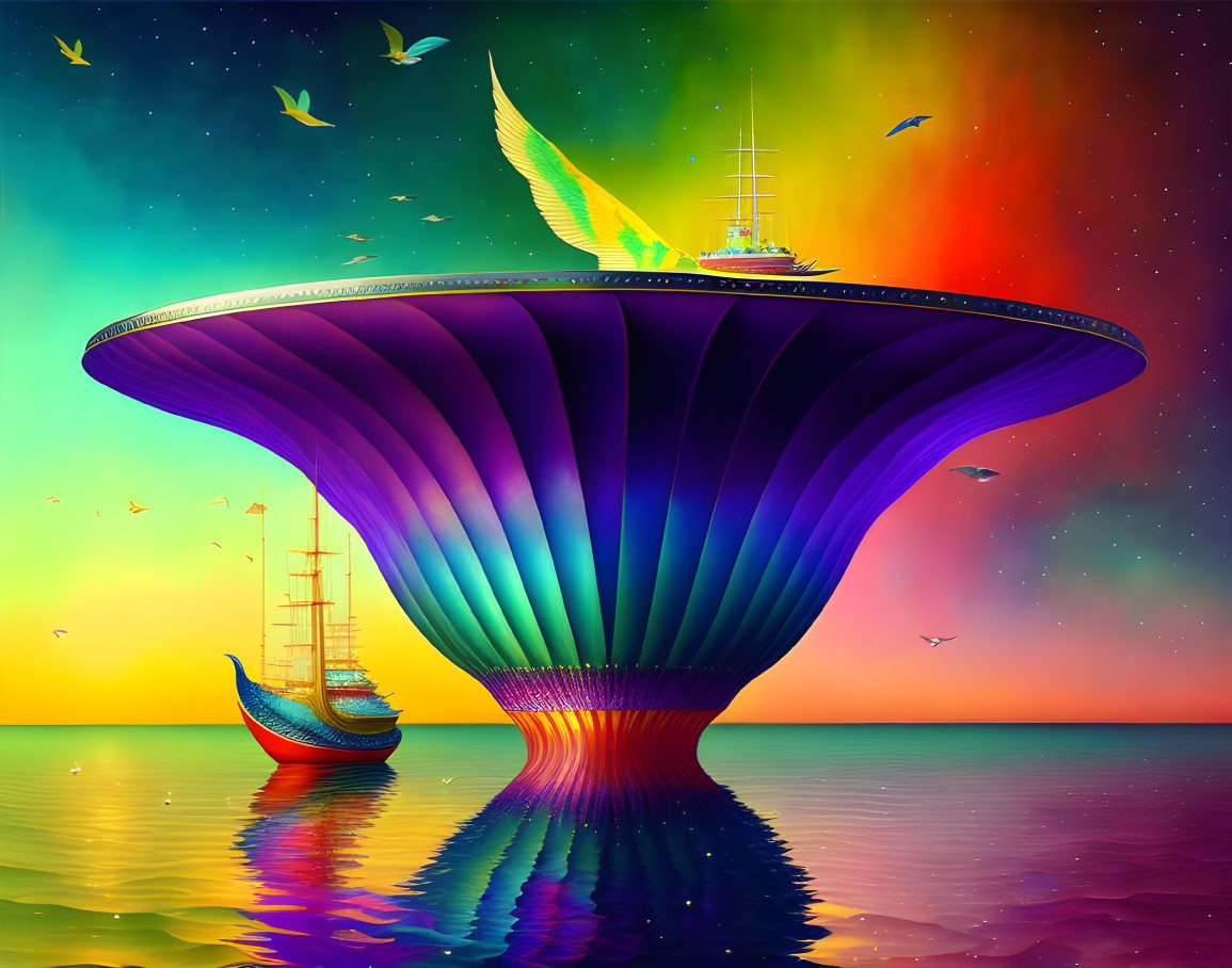 Colorful Surreal Artwork: Giant Mushroom Floating on Water with Ship, Northern Lights, Birds