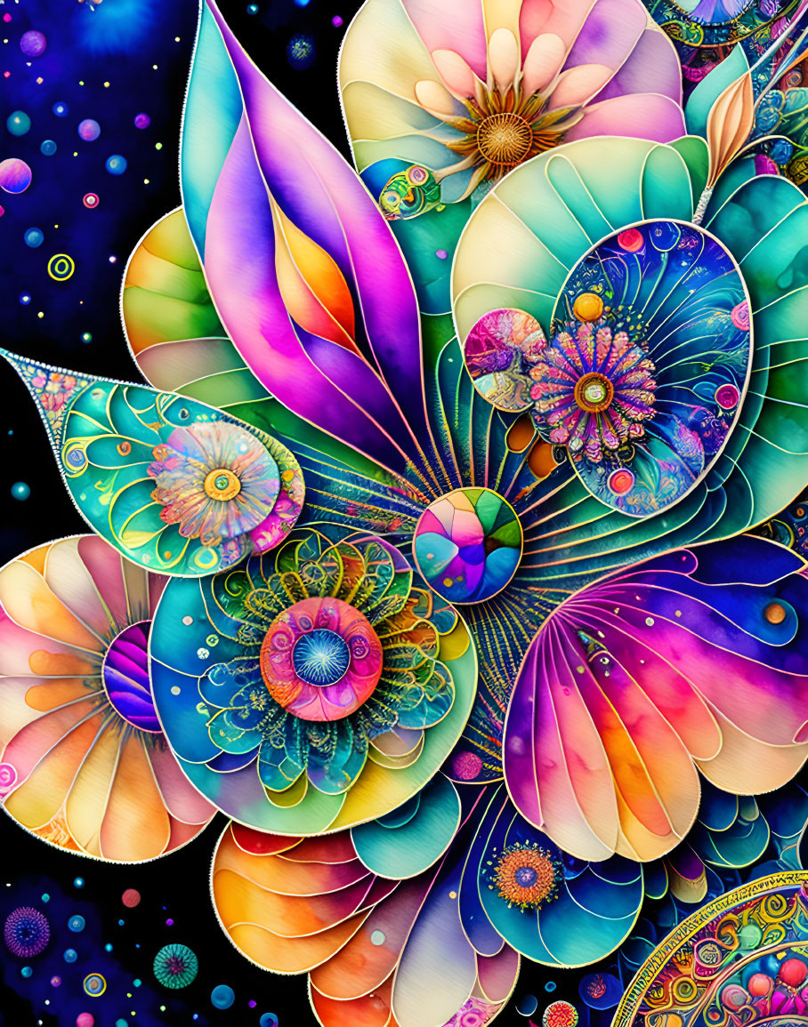 Colorful Stylized Flowers & Cosmic Background Artwork