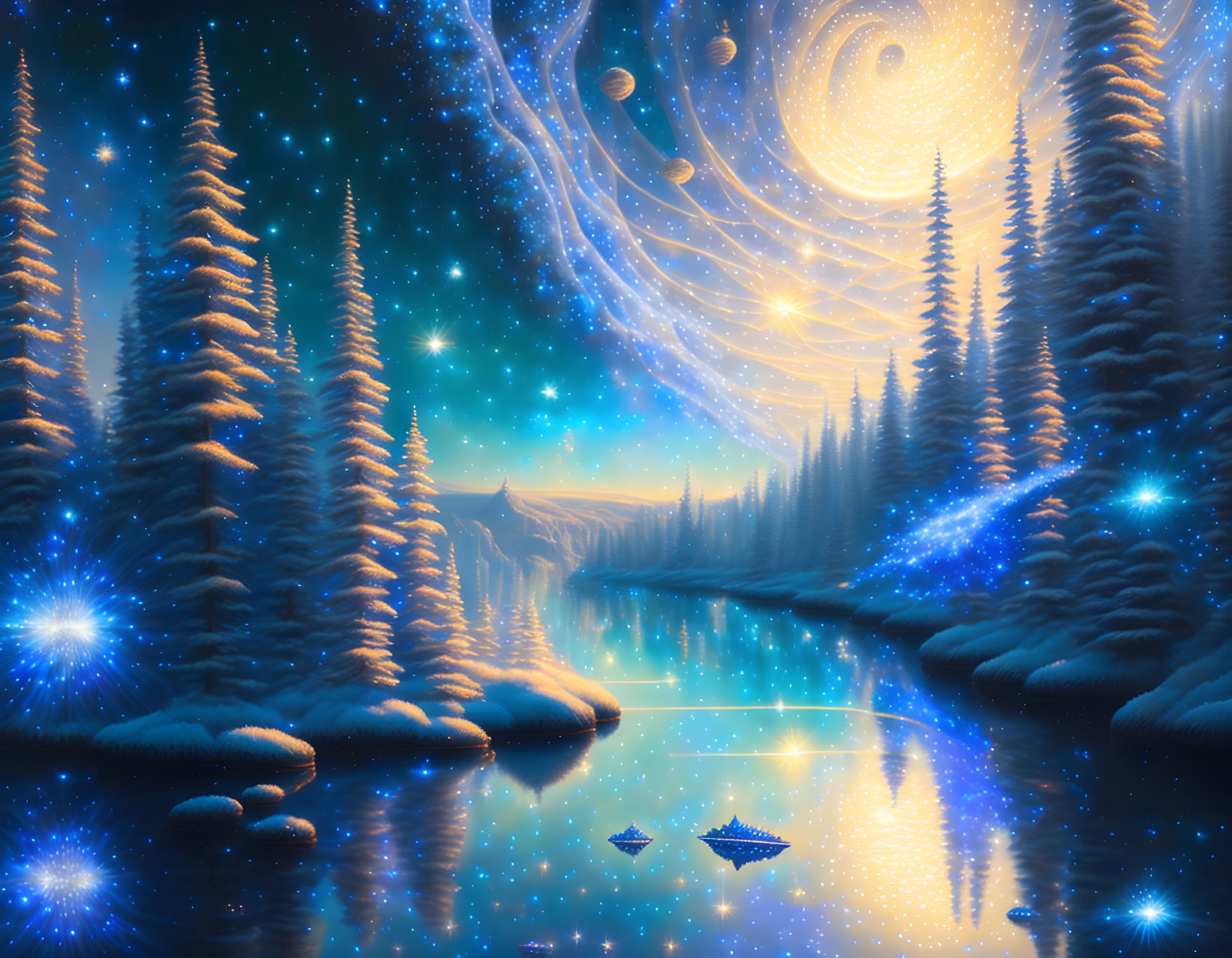 Snow-covered pine trees, reflective lake, starry sky with swirl pattern